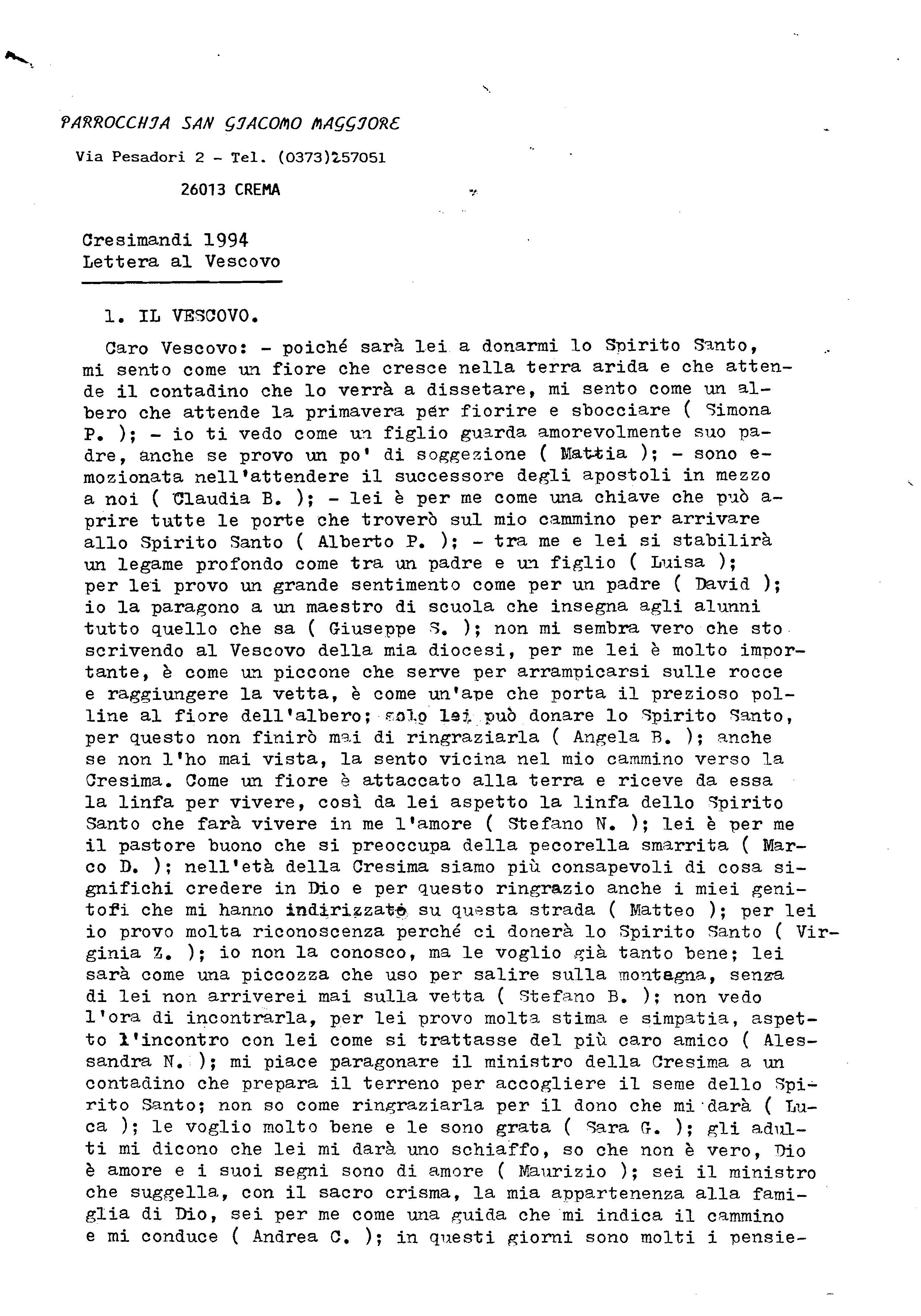 Lettera Dei Cresimandi Al Vescovo Don Agostino Cantoni - Lettere al Vescovo cresimandi